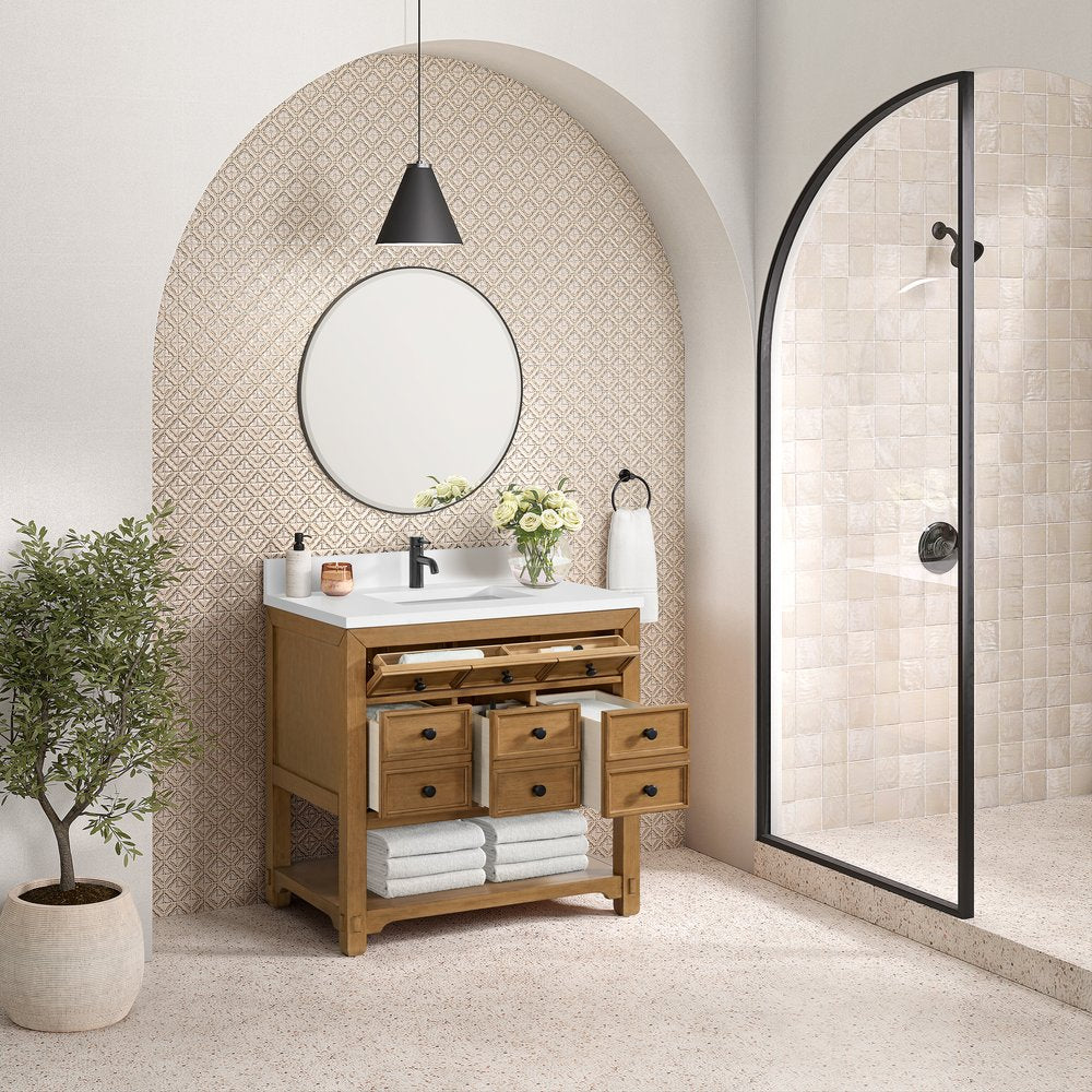 James Martin - Malibu 36" Single Vanity, Amber Birch w/ Single Hole 3 CM White Zeus Top & Backsplash - 505-V36-AMB-1WZ view 5