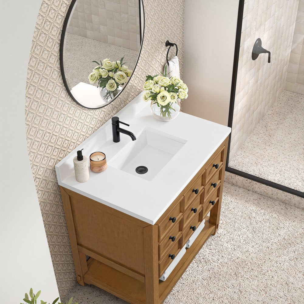 James Martin - Malibu 36" Single Vanity, Amber Birch w/ Single Hole 3 CM White Zeus Top & Backsplash - 505-V36-AMB-1WZ view 7