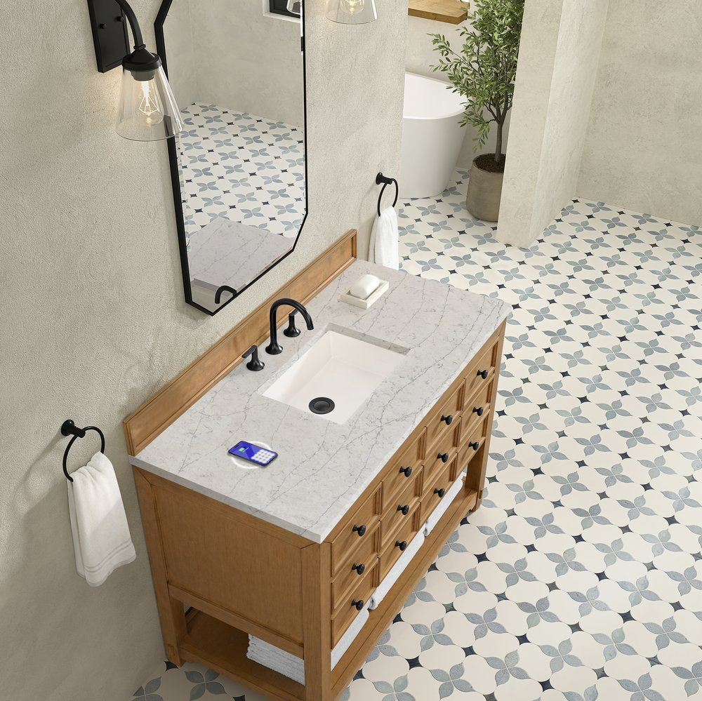 James Martin - Malibu 48" Single Vanity, Amber Birch w/ 3 CM Eternal Jasmine Pearl Silestone Top w/ FreePower Wireless Charger - 505-V48-AMB-FEJP view 7