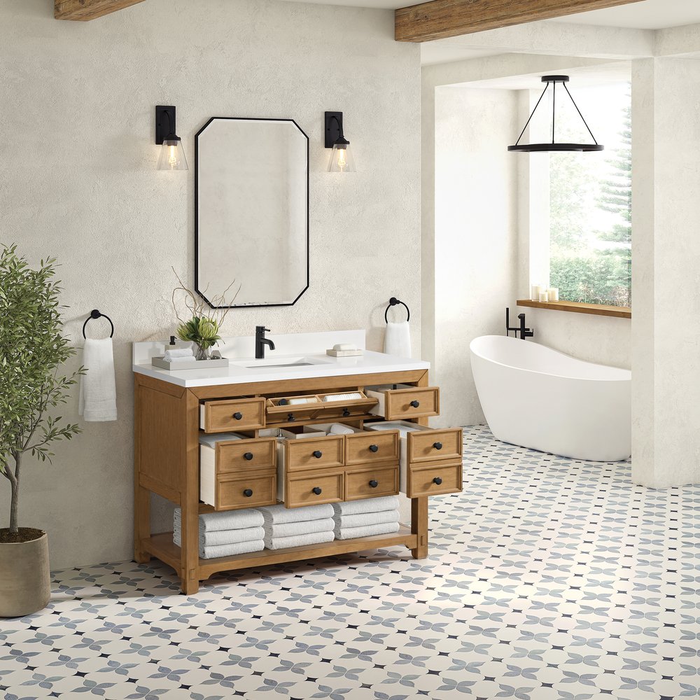 James Martin - Malibu 48" Single Vanity, Amber Birch w/ Single Hole 3 CM White Zeus Silestone Top & Backsplash - 505-V48-AMB-1WZ view 5