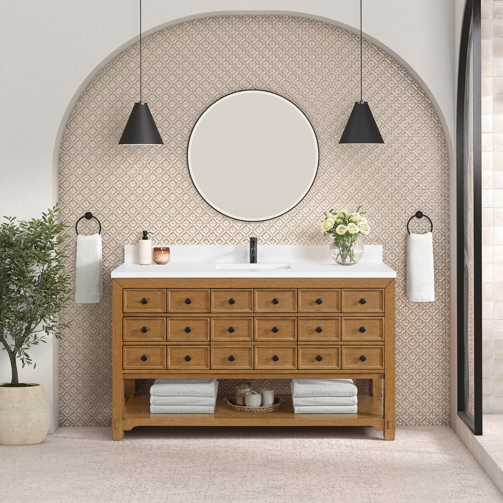 James Martin - Malibu 60" Single Vanity, Amber Birch w/ Single Hole 3 CM White Zeus Top & Backsplash - 505-V60S-AMB-1WZ view 3