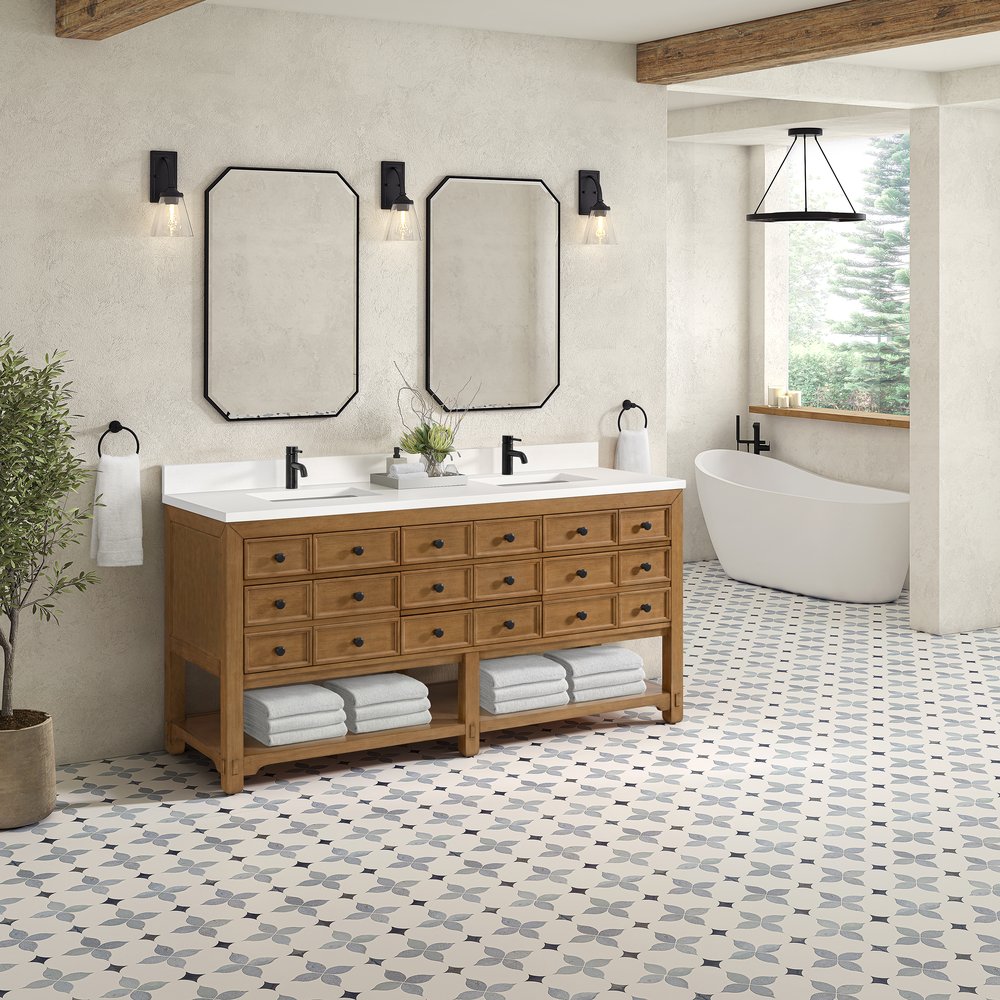 James Martin - Malibu 72" Double Vanity, Amber Birch w/ Single Hole 3 CM White Zeus Top & Backsplash - 505-V72-AMB-1WZ view 4