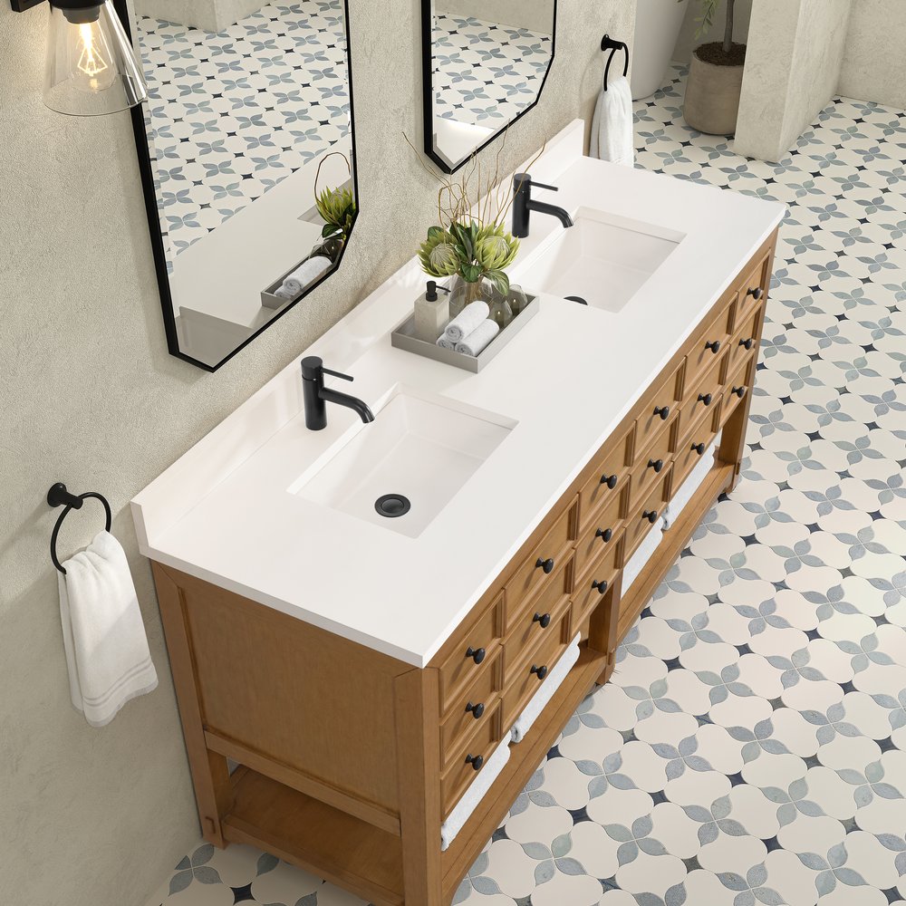 James Martin - Malibu 72" Double Vanity, Amber Birch w/ Single Hole 3 CM White Zeus Top & Backsplash - 505-V72-AMB-1WZ view 7