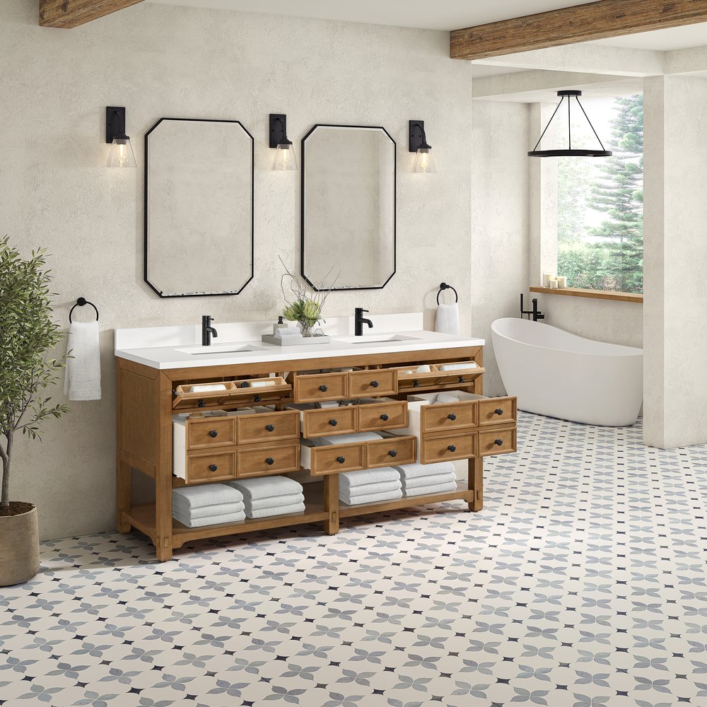 James Martin - Malibu 72" Double Vanity, Amber Birch w/ Single Hole 3 CM White Zeus Top & Backsplash - 505-V72-AMB-1WZ view 10