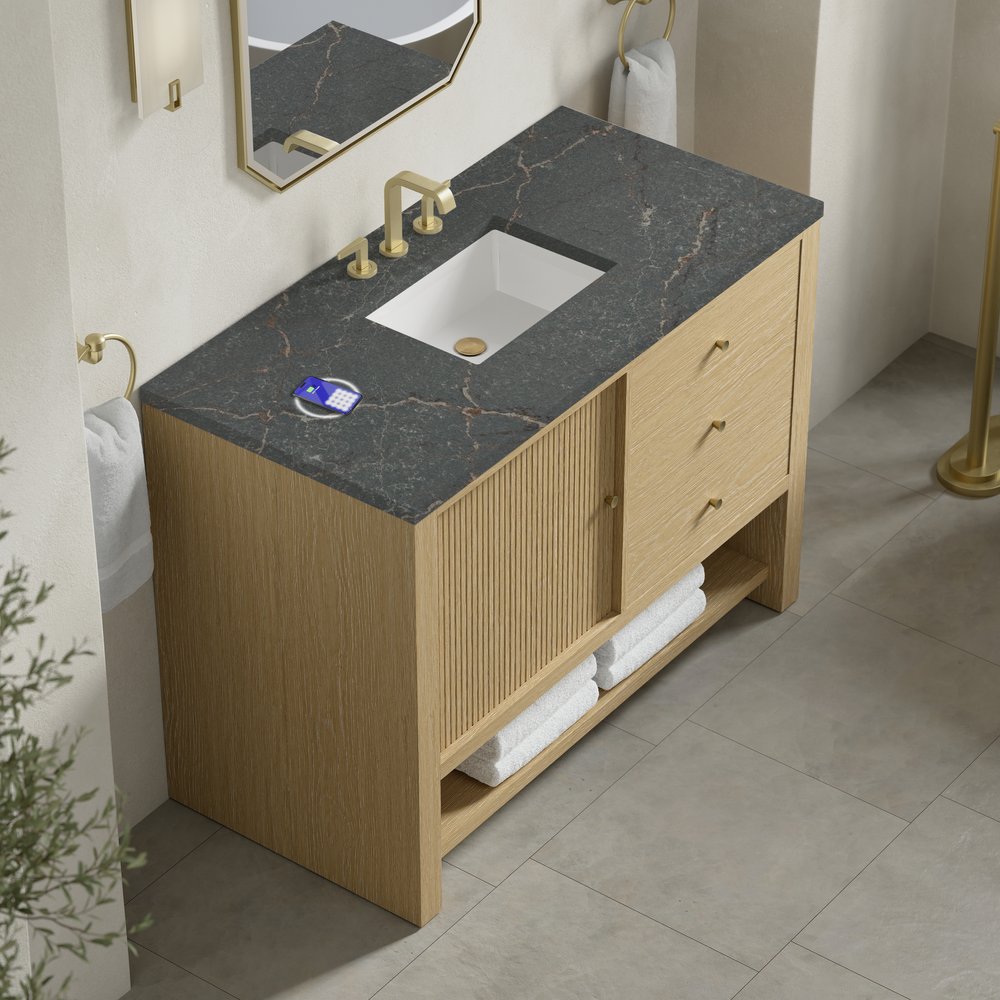 James Martin - Marigot 48" Single Vanity, Sunwashed Oak w/ 3 CM Parisien Bleu Silestone Top w/ FreePower Wireless Charger - D404-V48-SWO-FPBL view 7