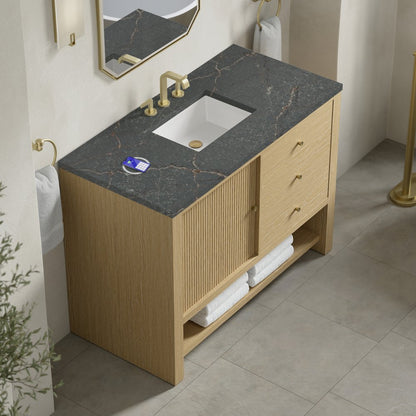 James Martin - Marigot 48" Single Vanity, Sunwashed Oak w/ 3 CM Parisien Bleu Silestone Top w/ FreePower Wireless Charger - D404-V48-SWO-FPBL view 7