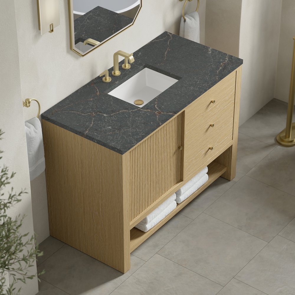 James Martin - Marigot 48" Single Vanity, Sunwashed Oak w/ 3 CM Parisien Bleu Silestone Top w/ FreePower Wireless Charger - D404-V48-SWO-FPBL view 8