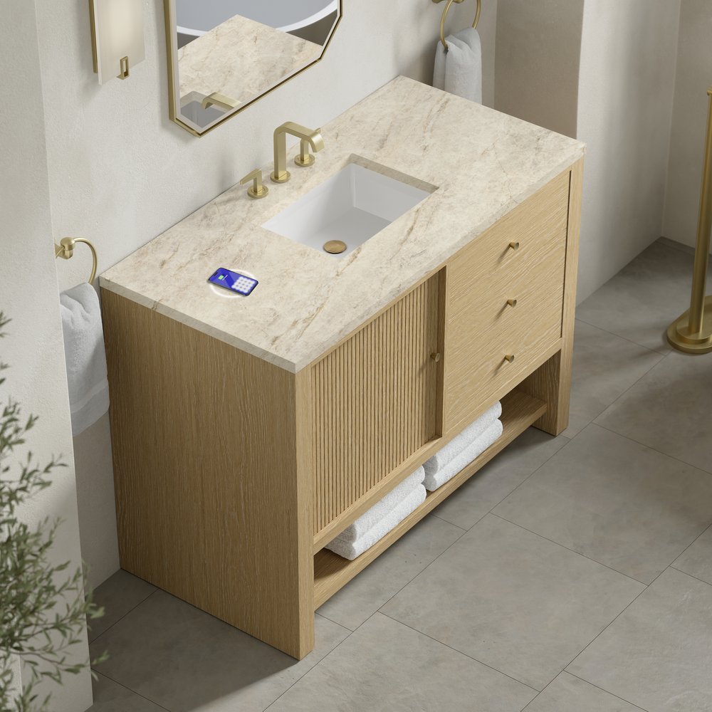 James Martin - Marigot 48" Single Vanity, Sunwashed Oak, w/ 3 CM Tajnar Eclos Top w/FreePower Wireless Charger - D404-V48-SWO-FTJR view 7