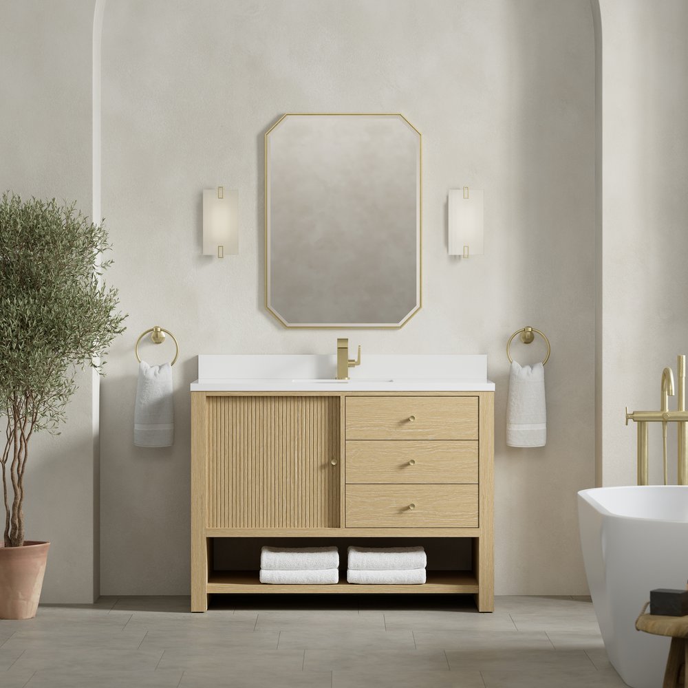 James Martin - Marigot 48" Single Vanity, Sunwashed Oak w/ Single Hole 3 CM White Zeus Silestone Top & Backsplash - D404-V48-SWO-1WZ view 3