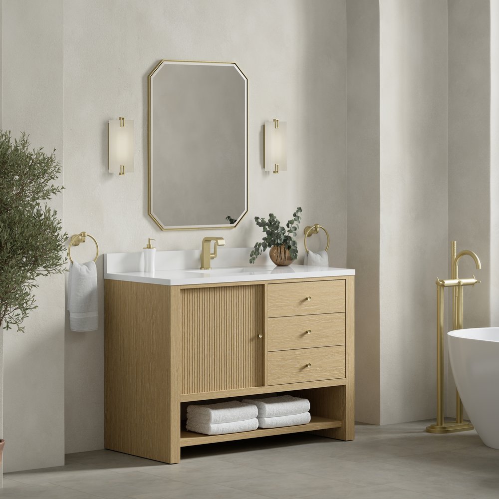 James Martin - Marigot 48" Single Vanity, Sunwashed Oak w/ Single Hole 3 CM White Zeus Silestone Top & Backsplash - D404-V48-SWO-1WZ view 4