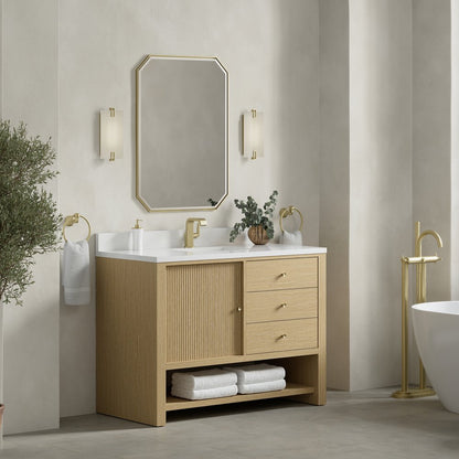 James Martin - Marigot 48" Single Vanity, Sunwashed Oak w/ Single Hole 3 CM White Zeus Silestone Top & Backsplash - D404-V48-SWO-1WZ view 4