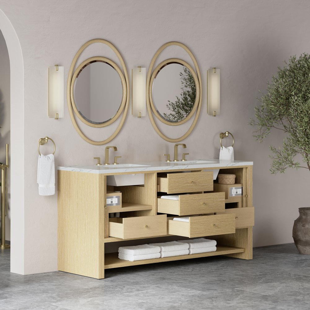 James Martin - Marigot 72" Double Vanity, Sunwashed Oak w/ 3 CM Ethereal Noctis Silestone Top - D404-V72-SWO-3ENC view 5