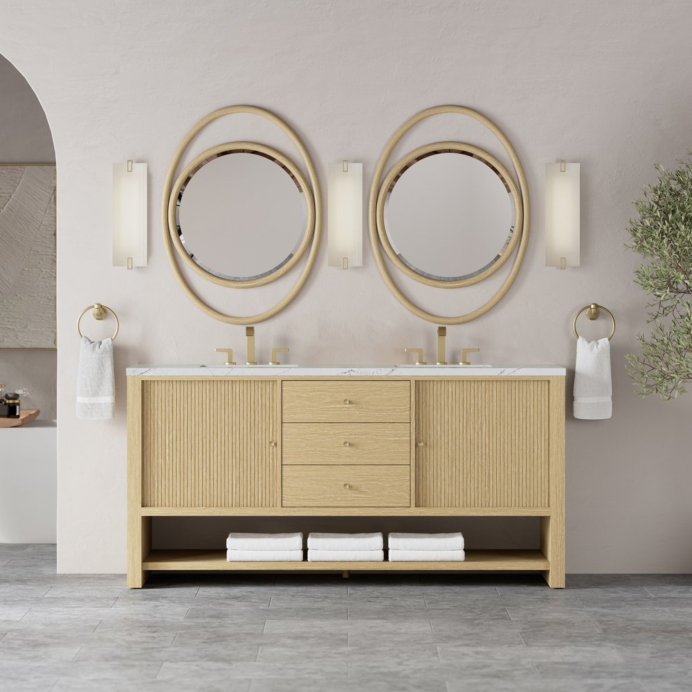 James Martin - Marigot 72" Double Vanity, Sunwashed Oak w/ 3 CM Ethereal Noctis Silestone Top w/ FreePower Wireless Charger - D404-V72-SWO-FENC view 3