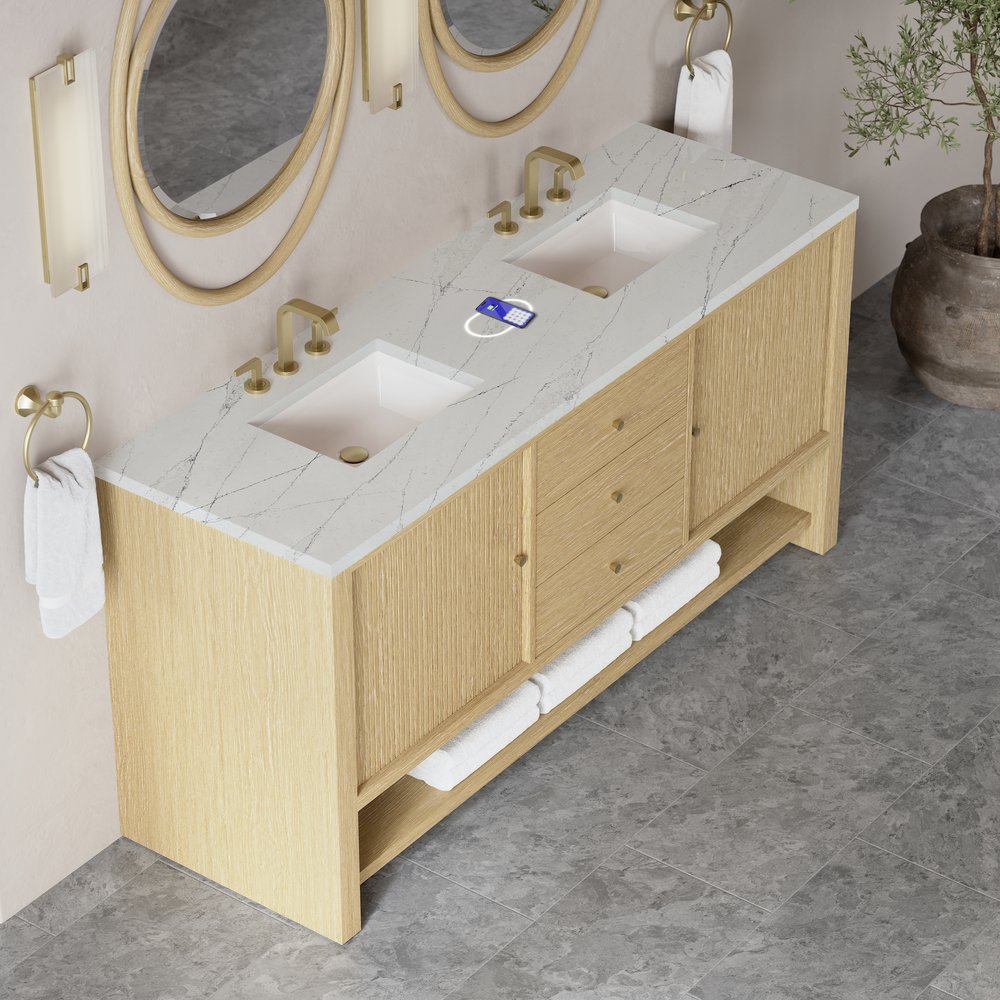 James Martin - Marigot 72" Double Vanity, Sunwashed Oak w/ 3 CM Ethereal Noctis Silestone Top w/ FreePower Wireless Charger - D404-V72-SWO-FENC view 7