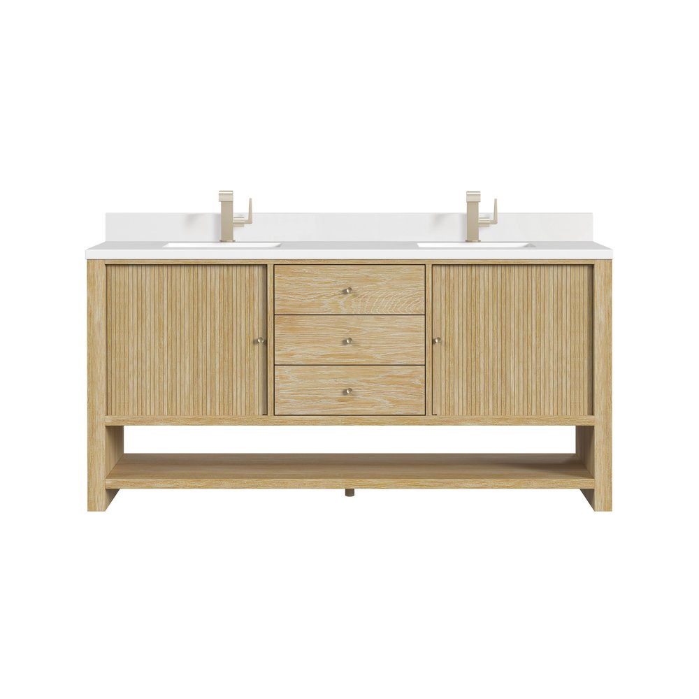 James Martin - Marigot 72" Double Vanity, Sunwashed Oak w/ Hole 3 CM White Zeus Silestone Top & Backsplash - D404-V72-SWO-1WZ view 1