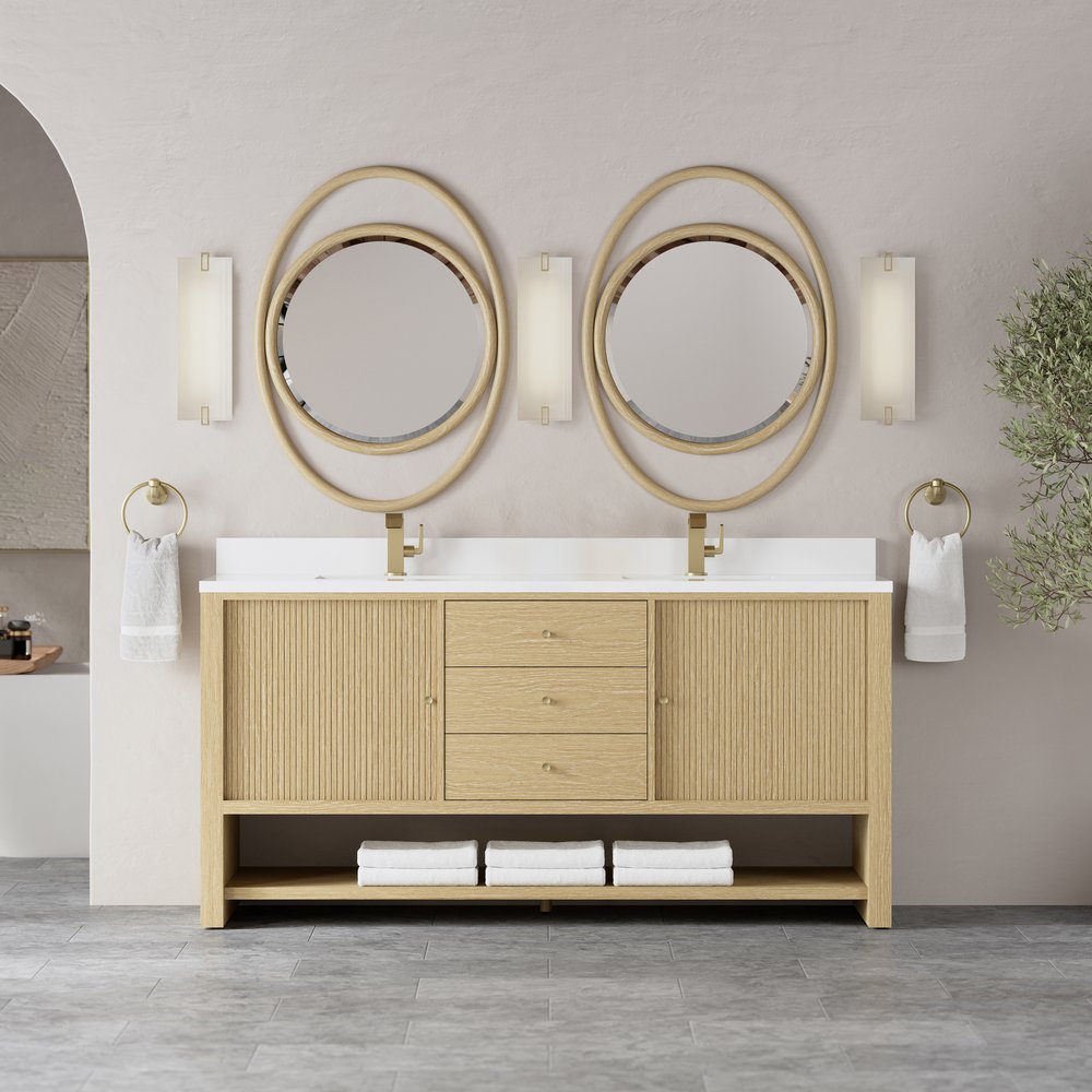James Martin - Marigot 72" Double Vanity, Sunwashed Oak w/ Hole 3 CM White Zeus Silestone Top & Backsplash - D404-V72-SWO-1WZ view 3