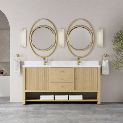 James Martin - Marigot 72" Double Vanity, Sunwashed Oak w/ Hole 3 CM White Zeus Silestone Top & Backsplash - D404-V72-SWO-1WZ view 3