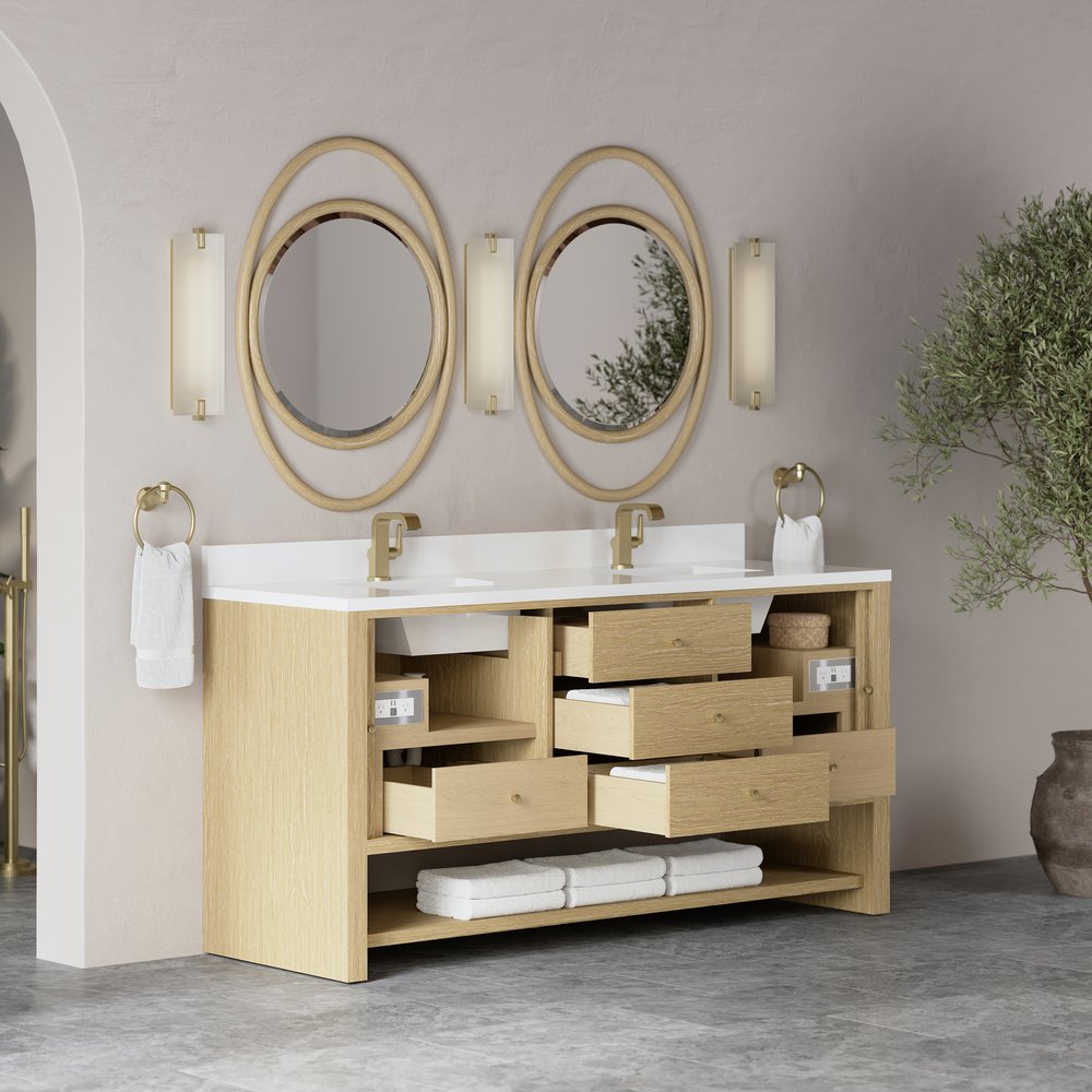 James Martin - Marigot 72" Double Vanity, Sunwashed Oak w/ Hole 3 CM White Zeus Silestone Top & Backsplash - D404-V72-SWO-1WZ view 5
