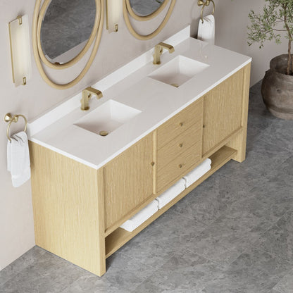 James Martin - Marigot 72" Double Vanity, Sunwashed Oak w/ Hole 3 CM White Zeus Silestone Top & Backsplash - D404-V72-SWO-1WZ view 7