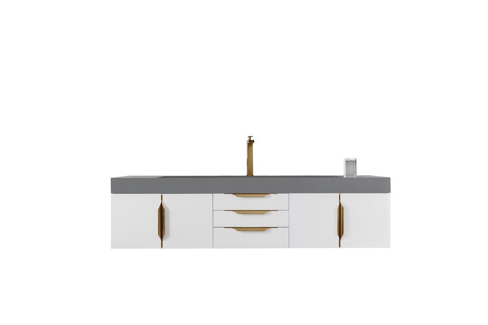 James Martin - Mercer Island 72" Single Vanity, Glossy White, Radiant Gold w/ Dusk Grey Glossy Composite Stone Top - 389-V72S-GW-G-DGG view 1