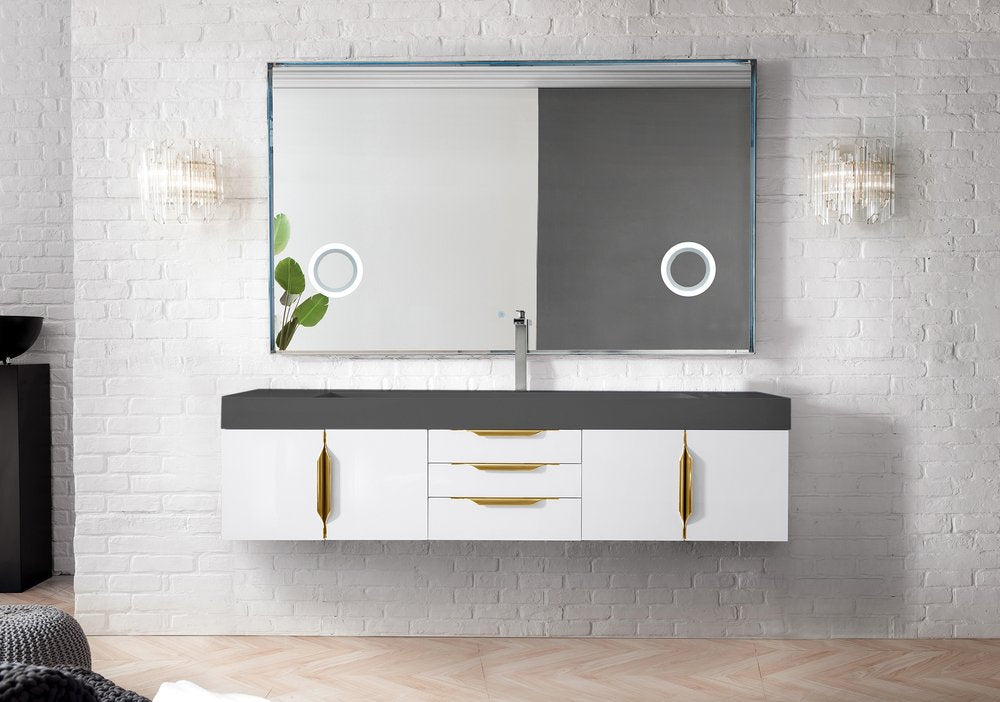 James Martin - Mercer Island 72" Single Vanity, Glossy White, Radiant Gold w/ Dusk Grey Glossy Composite Stone Top - 389-V72S-GW-G-DGG view 2