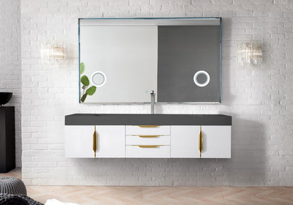 James Martin - Mercer Island 72" Single Vanity, Glossy White, Radiant Gold w/ Dusk Grey Glossy Composite Stone Top - 389-V72S-GW-G-DGG view 2