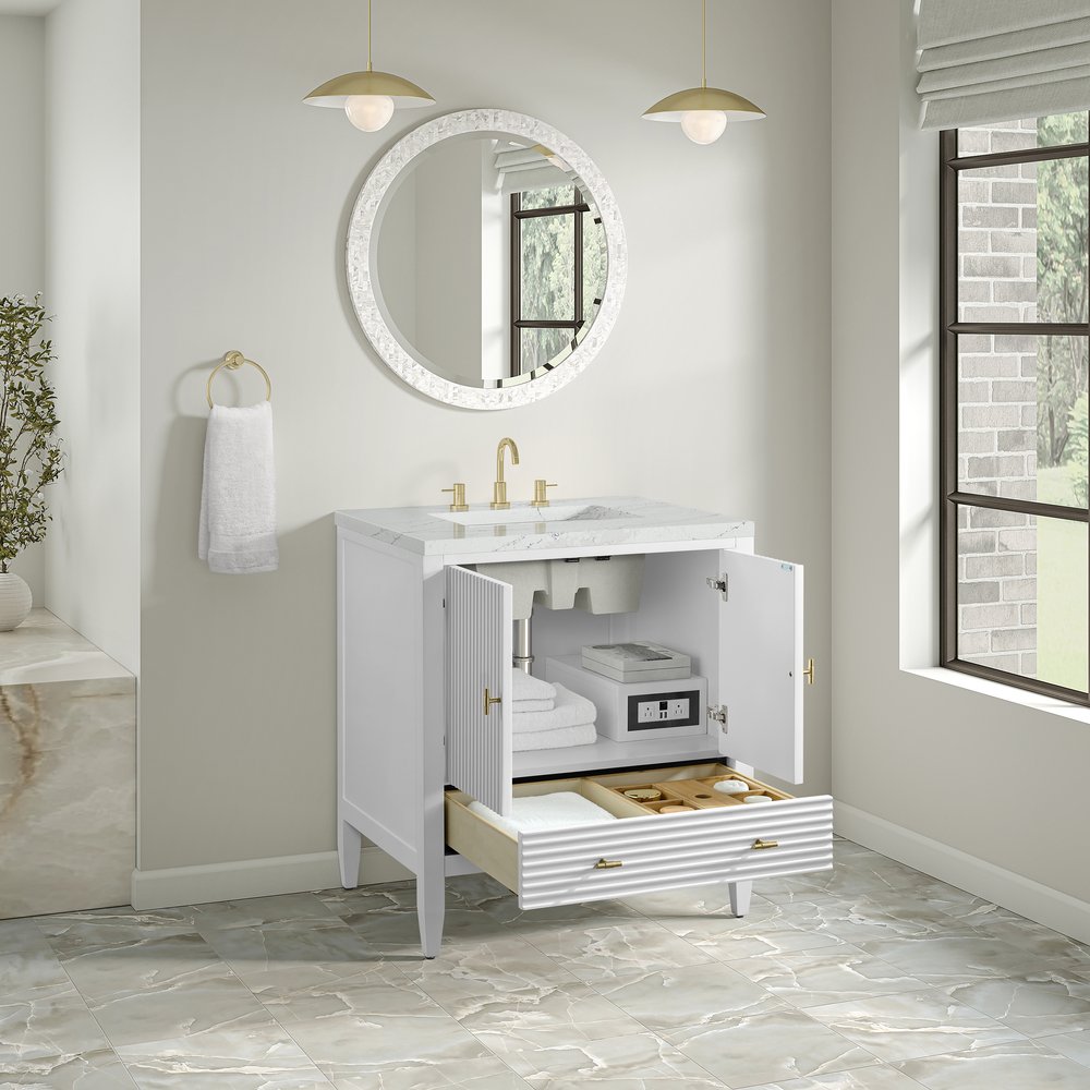 James Martin - Myrrin 30" Single Vanity, Bright White w/ 3 CM Ethereal Noctis Silestone Top - 485-V30-BW-3ENC view 5