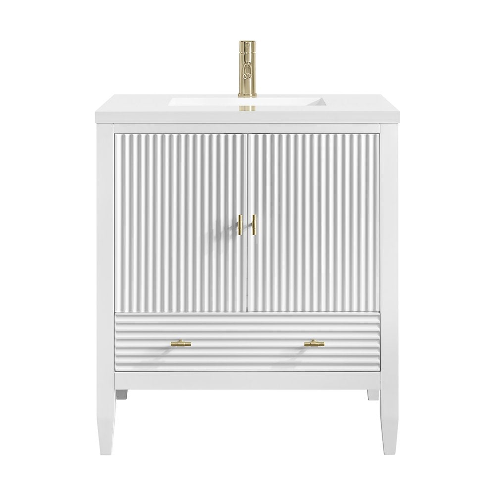 James Martin - Myrrin 30" Single Vanity, Bright White w/ Single Hole 3 CM White Zeus Silestone Top and Matching Backsplash - 485-V30-BW-1WZ view 1