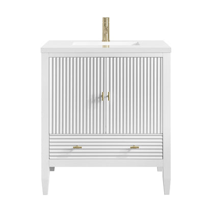 James Martin - Myrrin 30" Single Vanity, Bright White w/ Single Hole 3 CM White Zeus Silestone Top and Matching Backsplash - 485-V30-BW-1WZ view 1