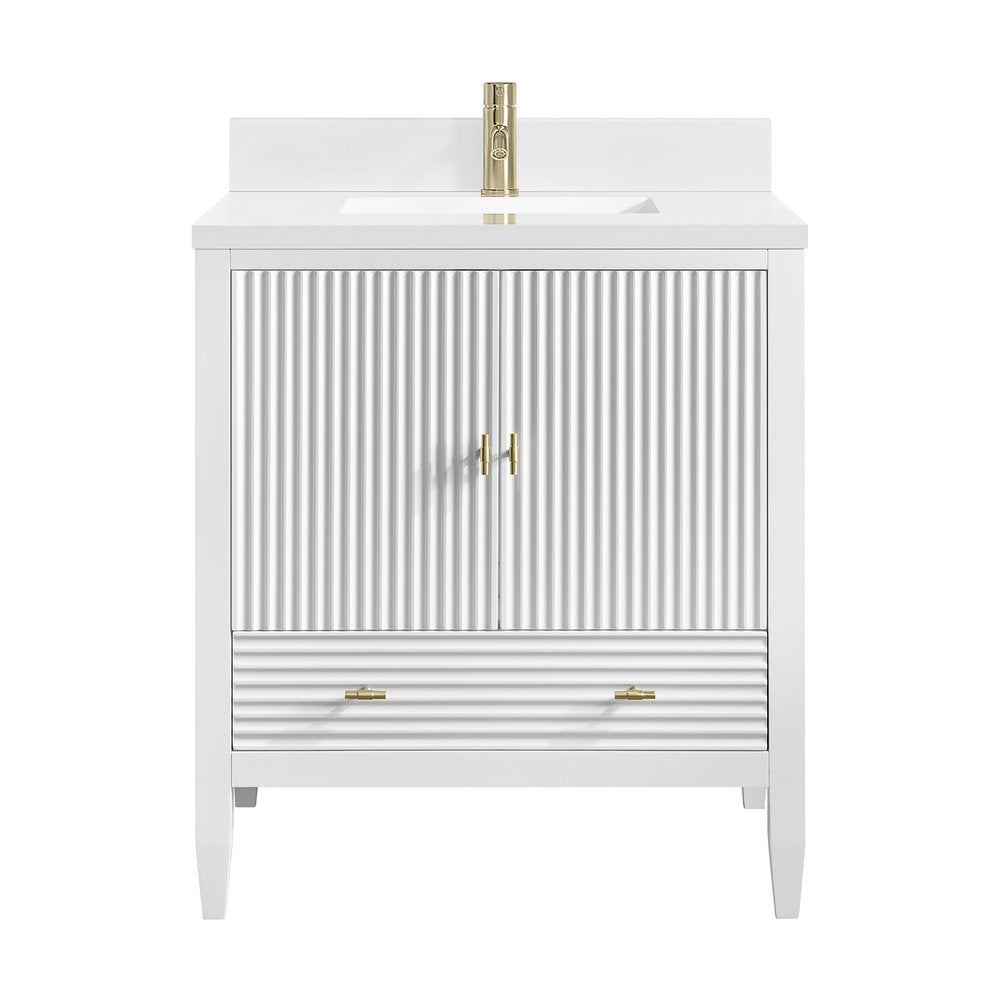 James Martin - Myrrin 30" Single Vanity, Bright White w/ Single Hole 3 CM White Zeus Silestone Top and Matching Backsplash - 485-V30-BW-1WZ view 2