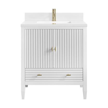 James Martin - Myrrin 30" Single Vanity, Bright White w/ Single Hole 3 CM White Zeus Silestone Top and Matching Backsplash - 485-V30-BW-1WZ view 2