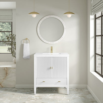 James Martin - Myrrin 30" Single Vanity, Bright White w/ Single Hole 3 CM White Zeus Silestone Top and Matching Backsplash - 485-V30-BW-1WZ view 4