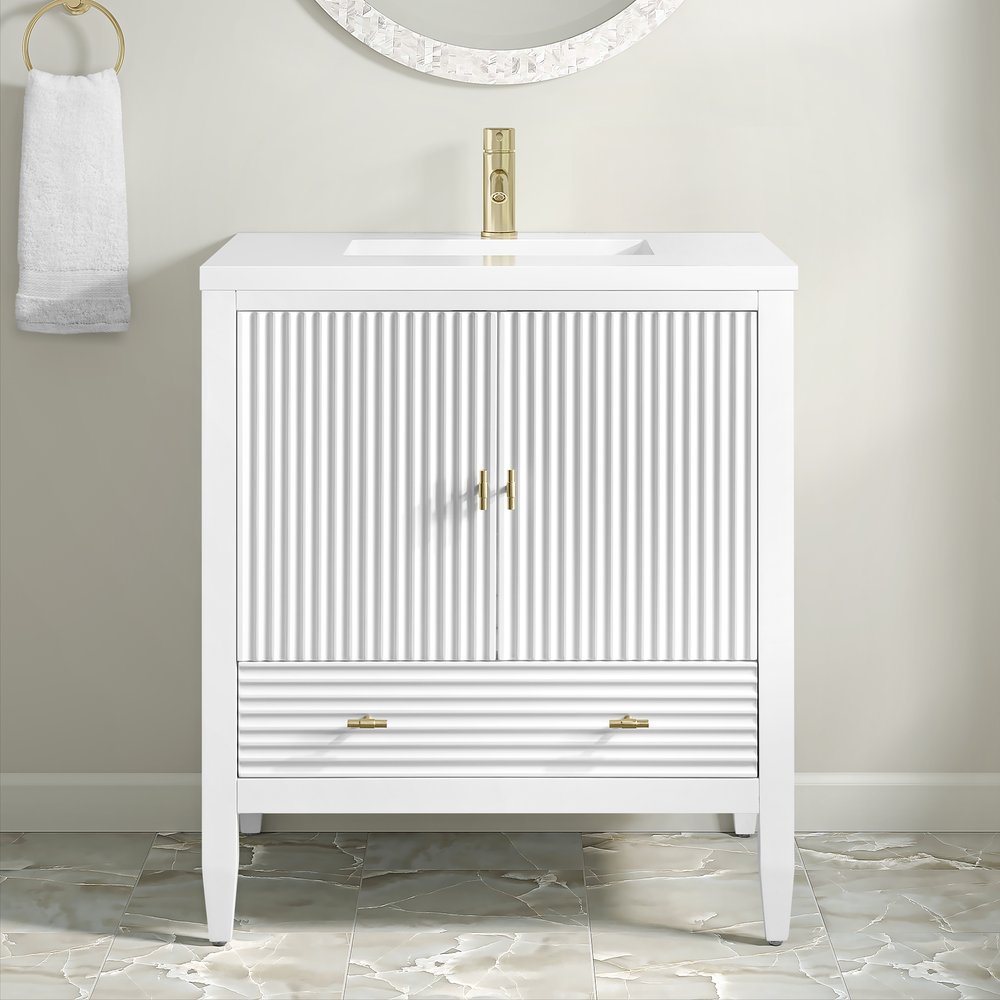 James Martin - Myrrin 30" Single Vanity, Bright White w/ Single Hole 3 CM White Zeus Silestone Top and Matching Backsplash - 485-V30-BW-1WZ view 5