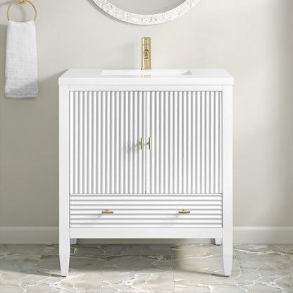 James Martin - Myrrin 30" Single Vanity, Bright White w/ Single Hole 3 CM White Zeus Silestone Top and Matching Backsplash - 485-V30-BW-1WZ view 5