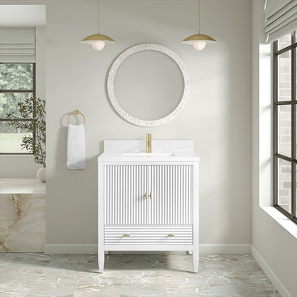 James Martin - Myrrin 30" Single Vanity, Bright White w/ Single Hole 3 CM White Zeus Silestone Top and Matching Backsplash - 485-V30-BW-1WZ view 6