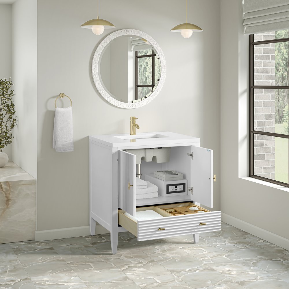James Martin - Myrrin 30" Single Vanity, Bright White w/ Single Hole 3 CM White Zeus Silestone Top and Matching Backsplash - 485-V30-BW-1WZ view 8