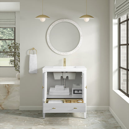 James Martin - Myrrin 30" Single Vanity, Bright White w/ Single Hole 3 CM White Zeus Silestone Top and Matching Backsplash - 485-V30-BW-1WZ view 9