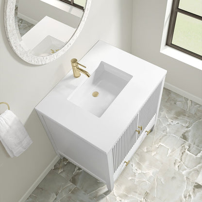 James Martin - Myrrin 30" Single Vanity, Bright White w/ Single Hole 3 CM White Zeus Silestone Top and Matching Backsplash - 485-V30-BW-1WZ view 11