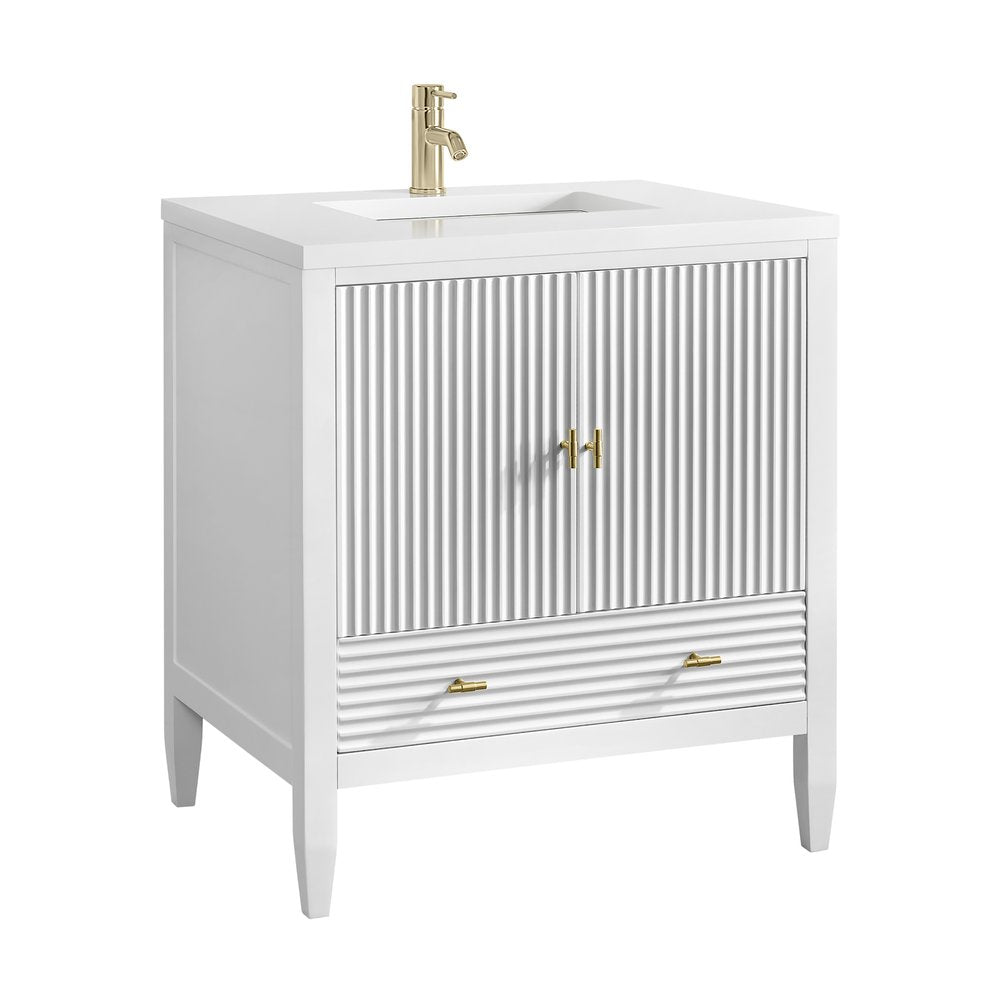 James Martin - Myrrin 30" Single Vanity, Bright White w/ Single Hole 3 CM White Zeus Silestone Top and Matching Backsplash - 485-V30-BW-1WZ view 14