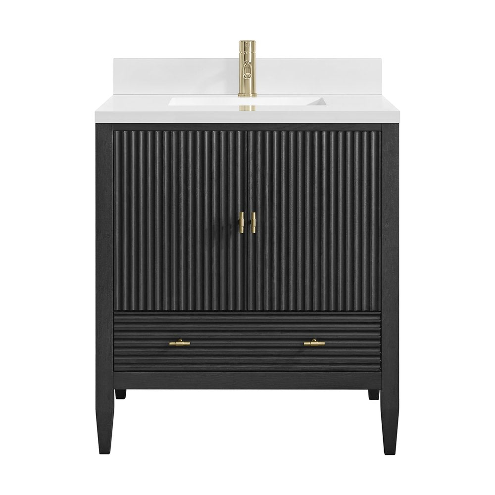 James Martin - Myrrin 30" Single Vanity, Carbon Oak w/ Single Hole 3 CM White Zeus Silestone Top and Matching Backsplash - 485-V30-CBO-1WZ view 3