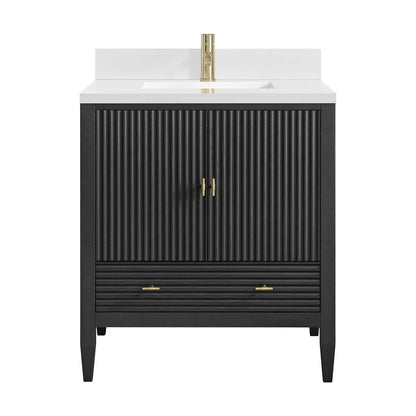 James Martin - Myrrin 30" Single Vanity, Carbon Oak w/ Single Hole 3 CM White Zeus Silestone Top and Matching Backsplash - 485-V30-CBO-1WZ view 3