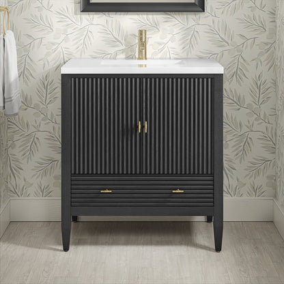 James Martin - Myrrin 30" Single Vanity, Carbon Oak w/ Single Hole 3 CM White Zeus Silestone Top and Matching Backsplash - 485-V30-CBO-1WZ view 6
