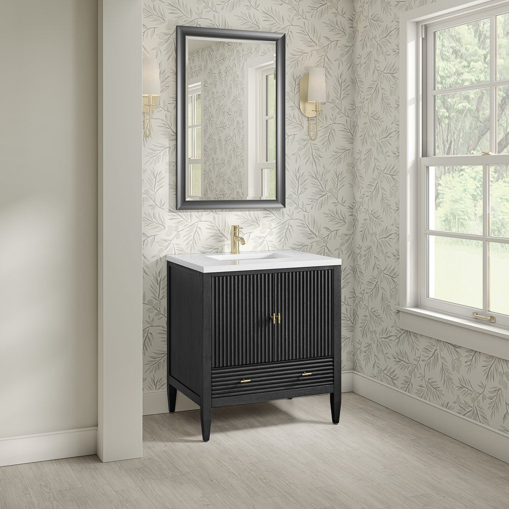 James Martin - Myrrin 30" Single Vanity, Carbon Oak w/ Single Hole 3 CM White Zeus Silestone Top and Matching Backsplash - 485-V30-CBO-1WZ view 8