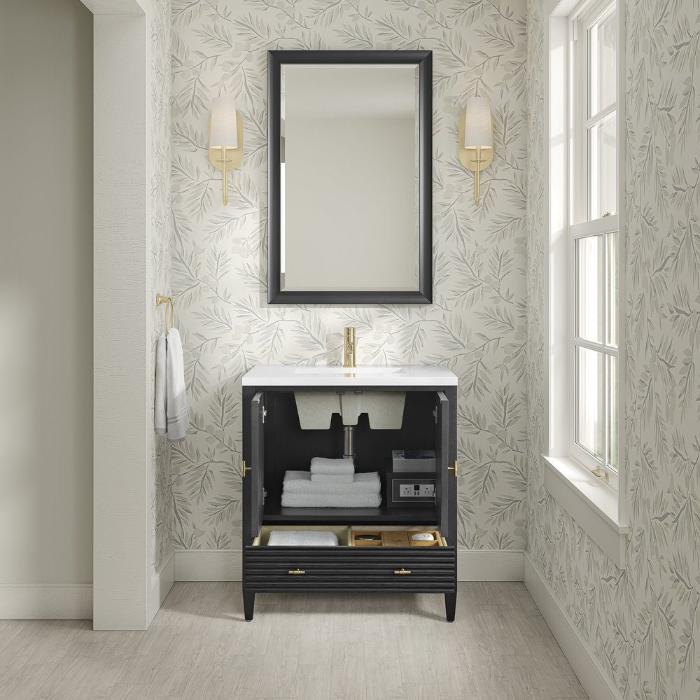 James Martin - Myrrin 30" Single Vanity, Carbon Oak w/ Single Hole 3 CM White Zeus Silestone Top and Matching Backsplash - 485-V30-CBO-1WZ view 10