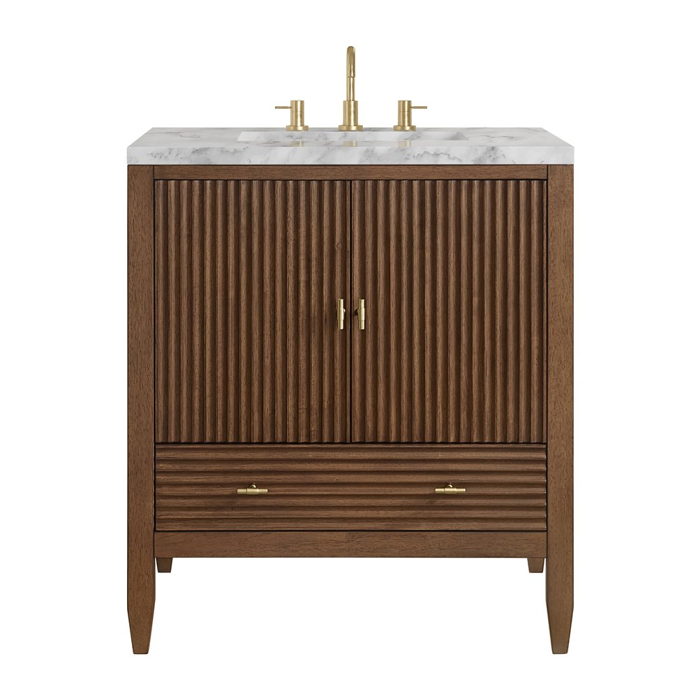 James Martin - Myrrin 30" Single Vanity, Mid-Century Walnut w/ 3 CM Carrara Marble Top - 485-V30-WLT-3CAR view 1