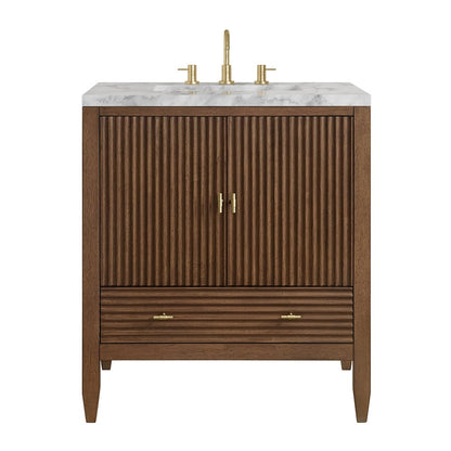 James Martin - Myrrin 30" Single Vanity, Mid-Century Walnut w/ 3 CM Carrara Marble Top - 485-V30-WLT-3CAR view 1
