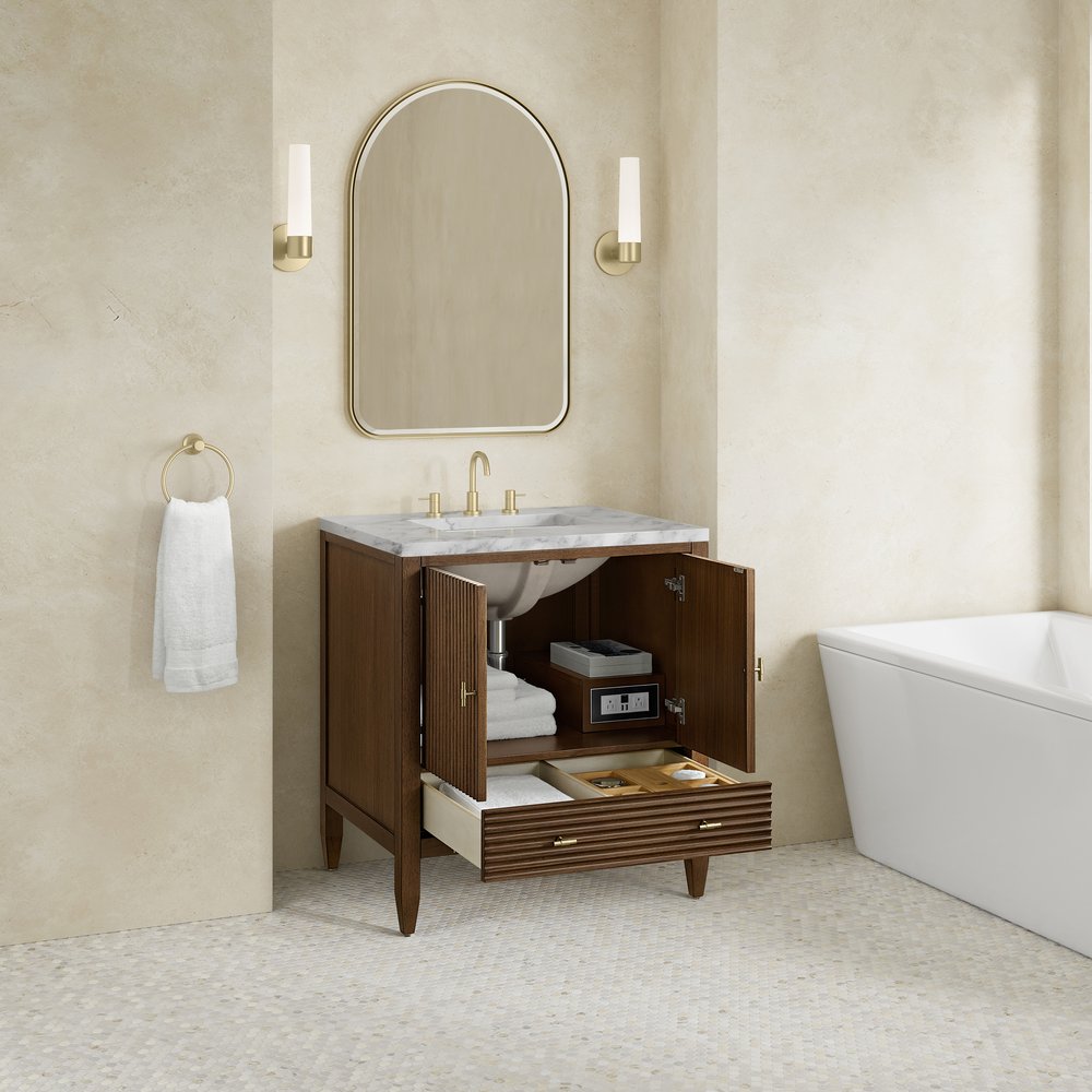 James Martin - Myrrin 30" Single Vanity, Mid-Century Walnut w/ 3 CM Carrara Marble Top - 485-V30-WLT-3CAR view 5