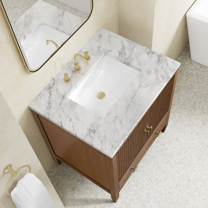 James Martin - Myrrin 30" Single Vanity, Mid-Century Walnut w/ 3 CM Carrara Marble Top - 485-V30-WLT-3CAR view 7