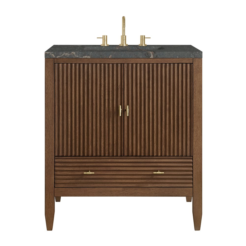 James Martin - Myrrin 30" Single Vanity, Mid-Century Walnut w/ 3 CM Parisien Bleu Silestone Top - 485-V30-WLT-3PBL view 1