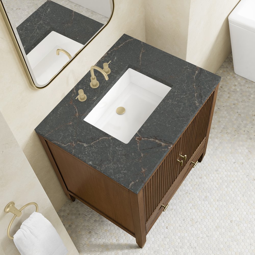 James Martin - Myrrin 30" Single Vanity, Mid-Century Walnut w/ 3 CM Parisien Bleu Silestone Top - 485-V30-WLT-3PBL view 7